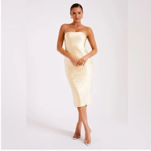 Meshki Tyler Pale Yellow Satin Strapless Midi Dress Size S Elegant Classic - Picture 1 of 16